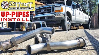 2001 F350 73  RiffRaff UpPipes Install  Stock up pipes leaking and falling apart JUNK SP [upl. by Eilrebmik]